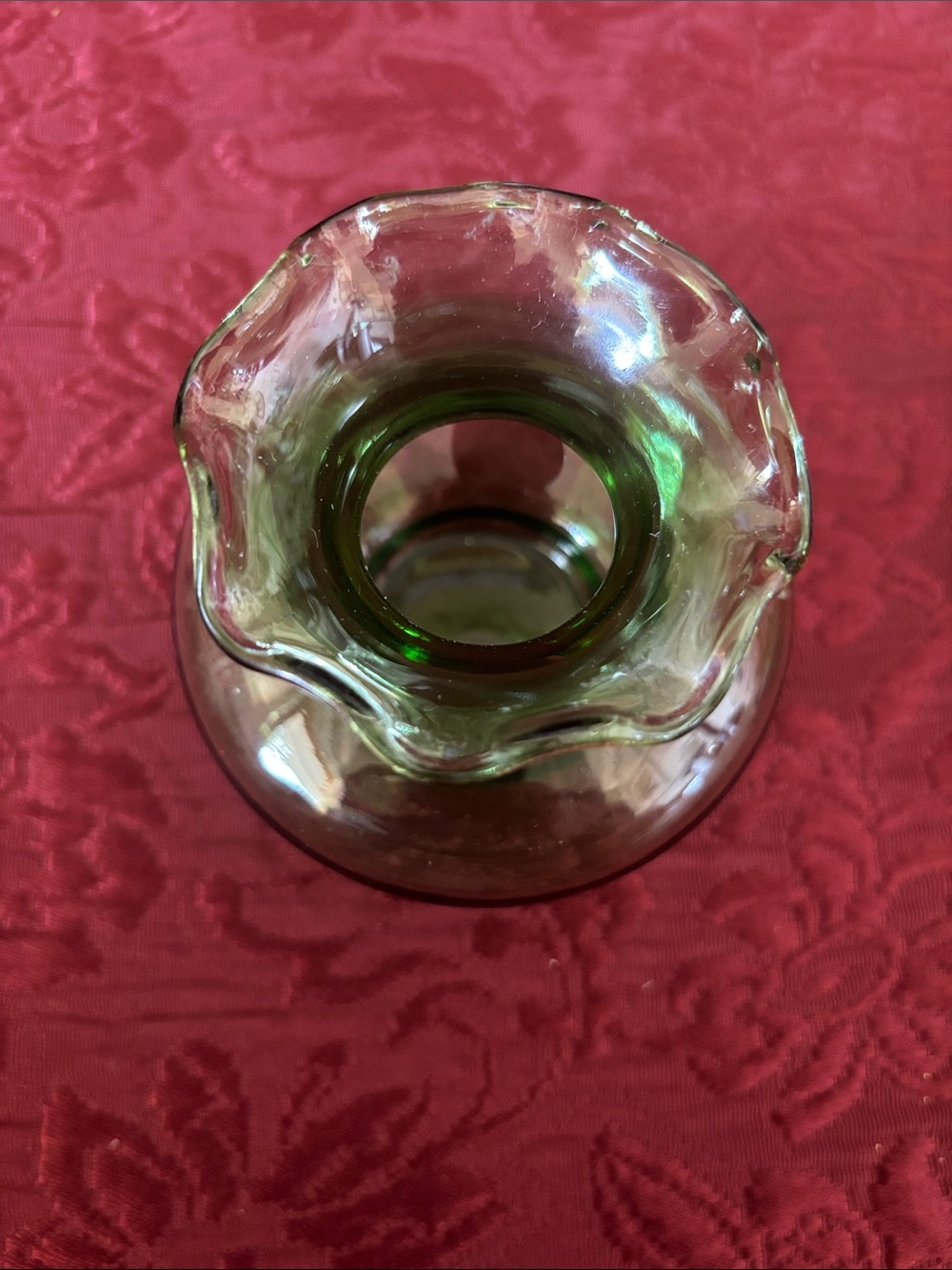 Vintage Olive Green Art Glass Bud Vase – Ruffled Rim
